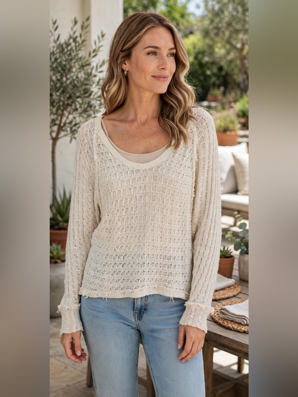 We The Free Cream Open Knit Sweater Top XS